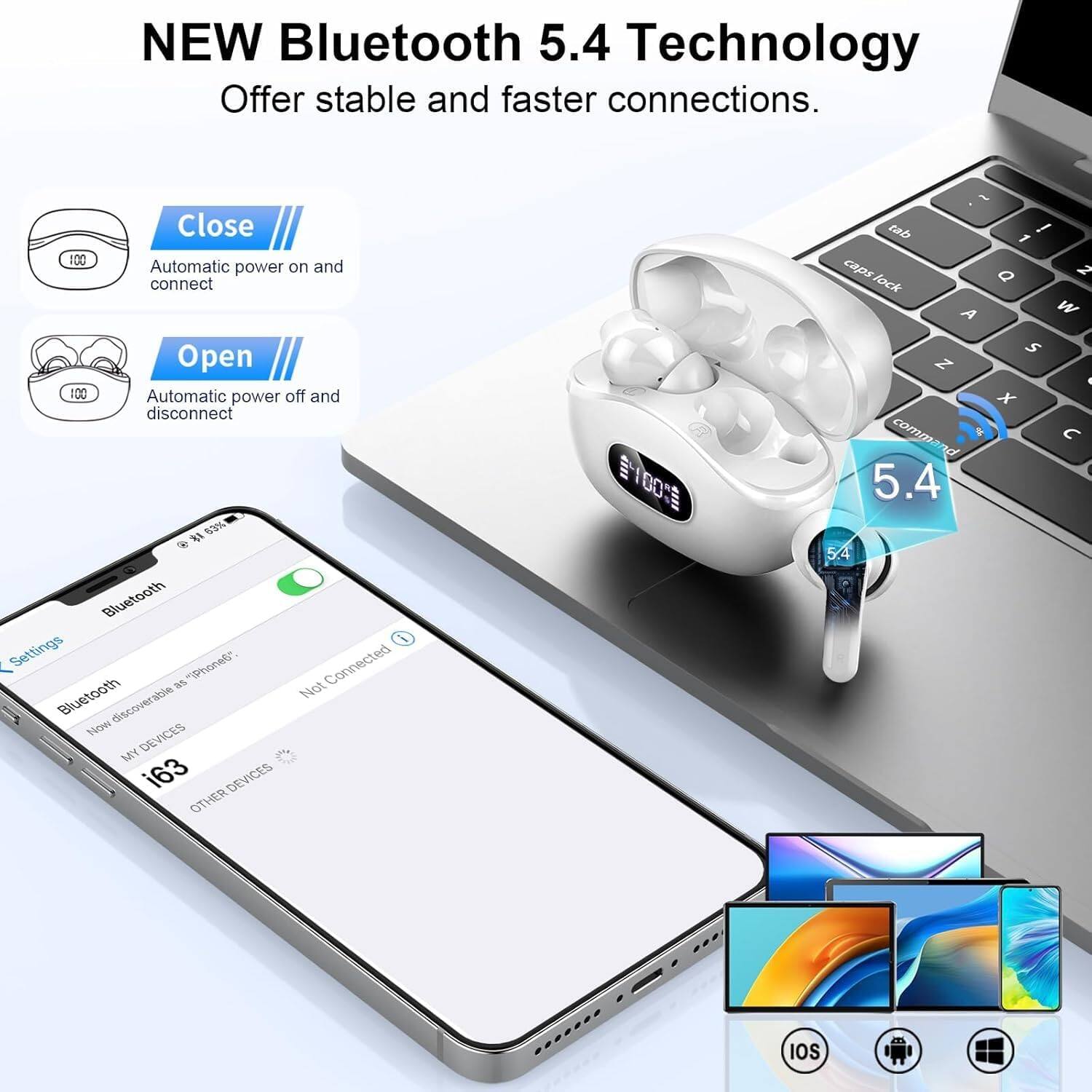 NEW Bluetooth 5.4 Technology  
Offer stable and faster connections.

Close  
Automatic power on and connect

Open  
Automatic power off and disconnect

Bluetooth Settings  
Connected  
Not Connected

Now DEVICES  
MY i63  
OTHER DEVICES 100%

5.4  
IOS