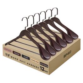 BP4U - 12-Pack Premium Wide Shoulder Wooden Suit Hangers, 17.5" Men's Solid Wood Clother Hangers with Pant Bar - Dark Cherry