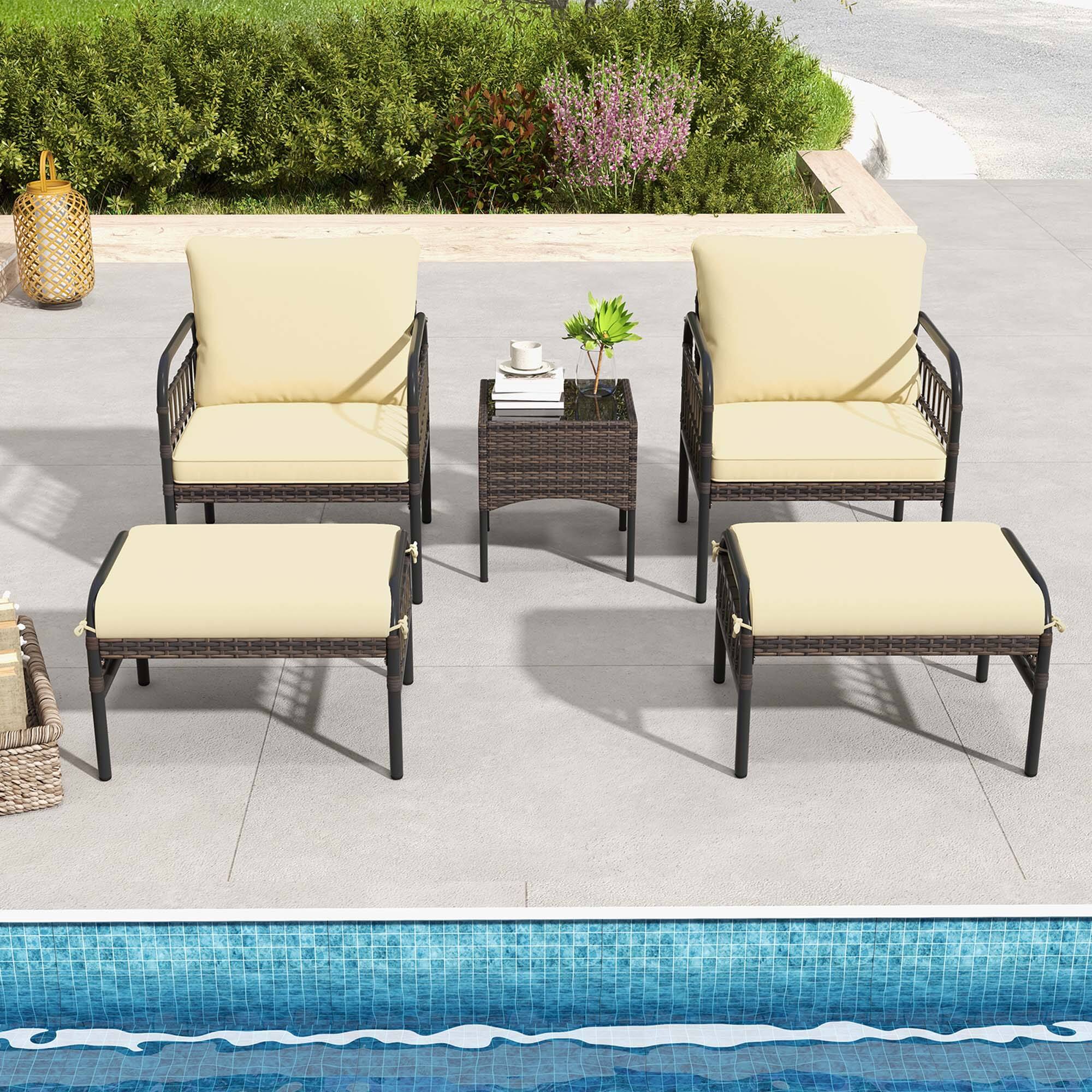 Alt View 2. Costway - Costway 5 PCS Patio Conversation Set Outdoor Wicker Chair Set with Ottomans & Coffee Table - Beige.