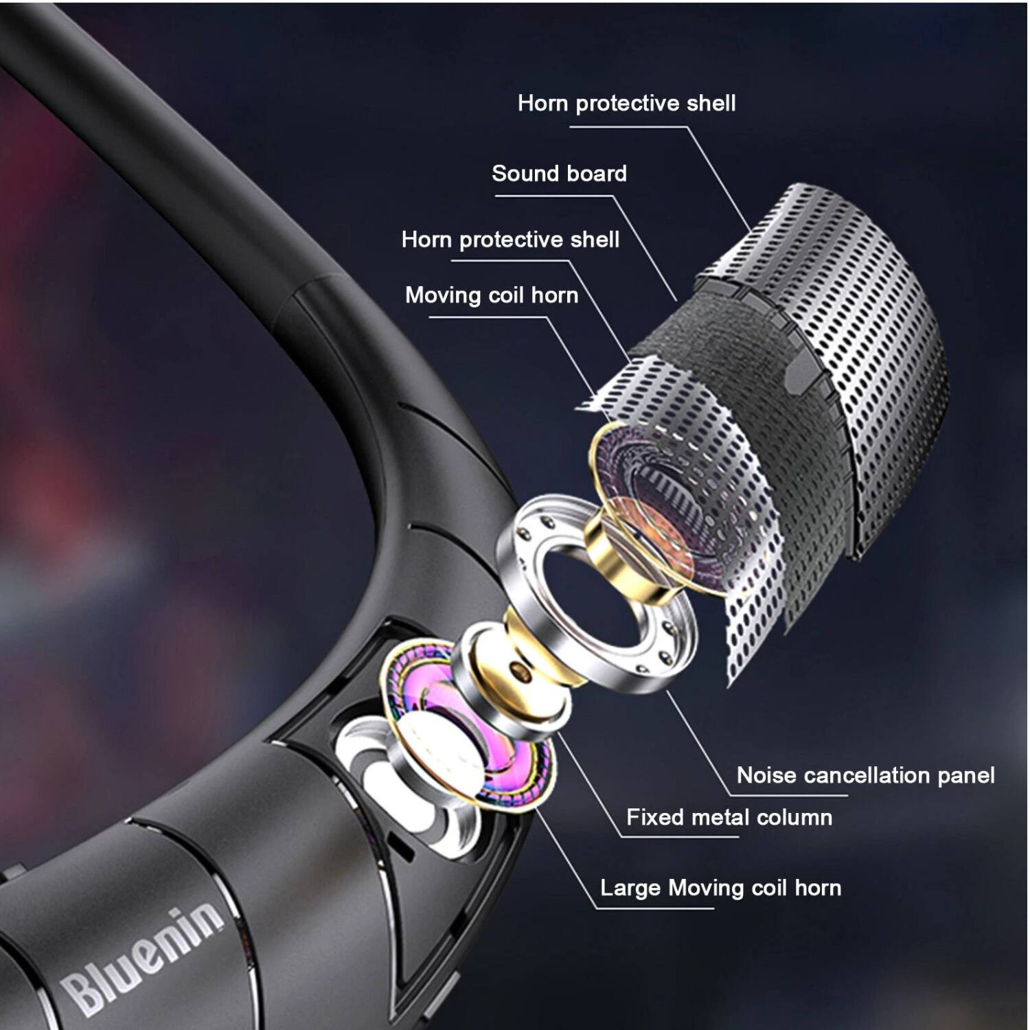 - Horn protective shell
- Sound board
- Horn protective shell
- Moving coil horn
- Bluenin
- Noise cancellation panel
- Fixed metal column
- Large Moving coil horn