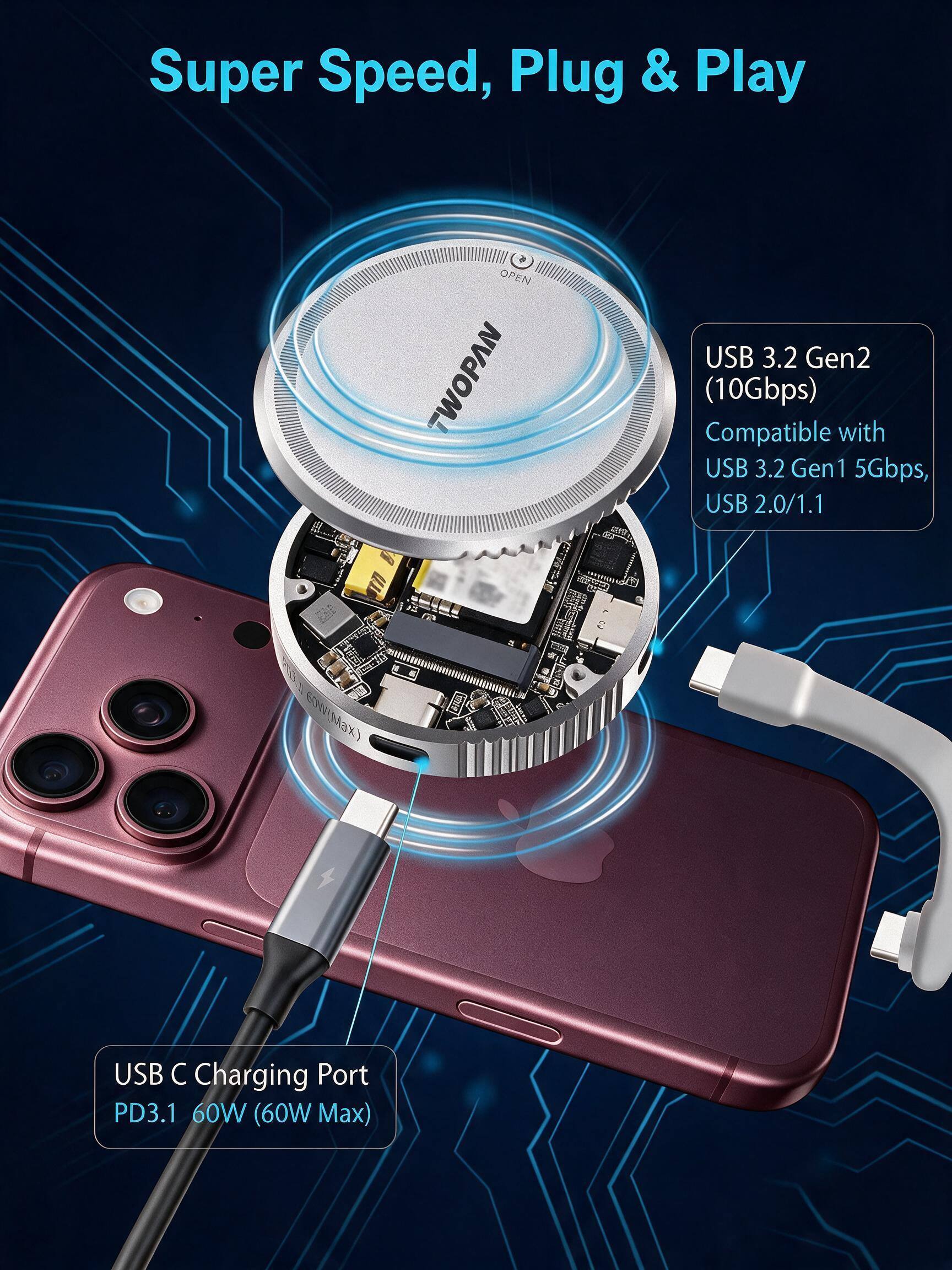 Super Speed, Plug & Play

OPEN TWO PAN

USB 3.2 Gen2 (10Gbps) Compatible with USB 3.2 Gen1 5Gbps, USB 2.0/1.1

USB C Charging Port PD3.1 60W (60W Max)