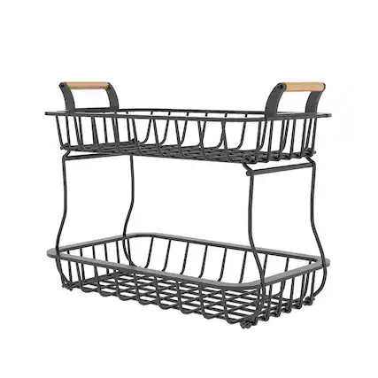 Front. Adivo - 2-Tier Fruit Basket with Double Wood Handles, Detachable Baskets, Durable Metal Kitchen Organizer - Black.