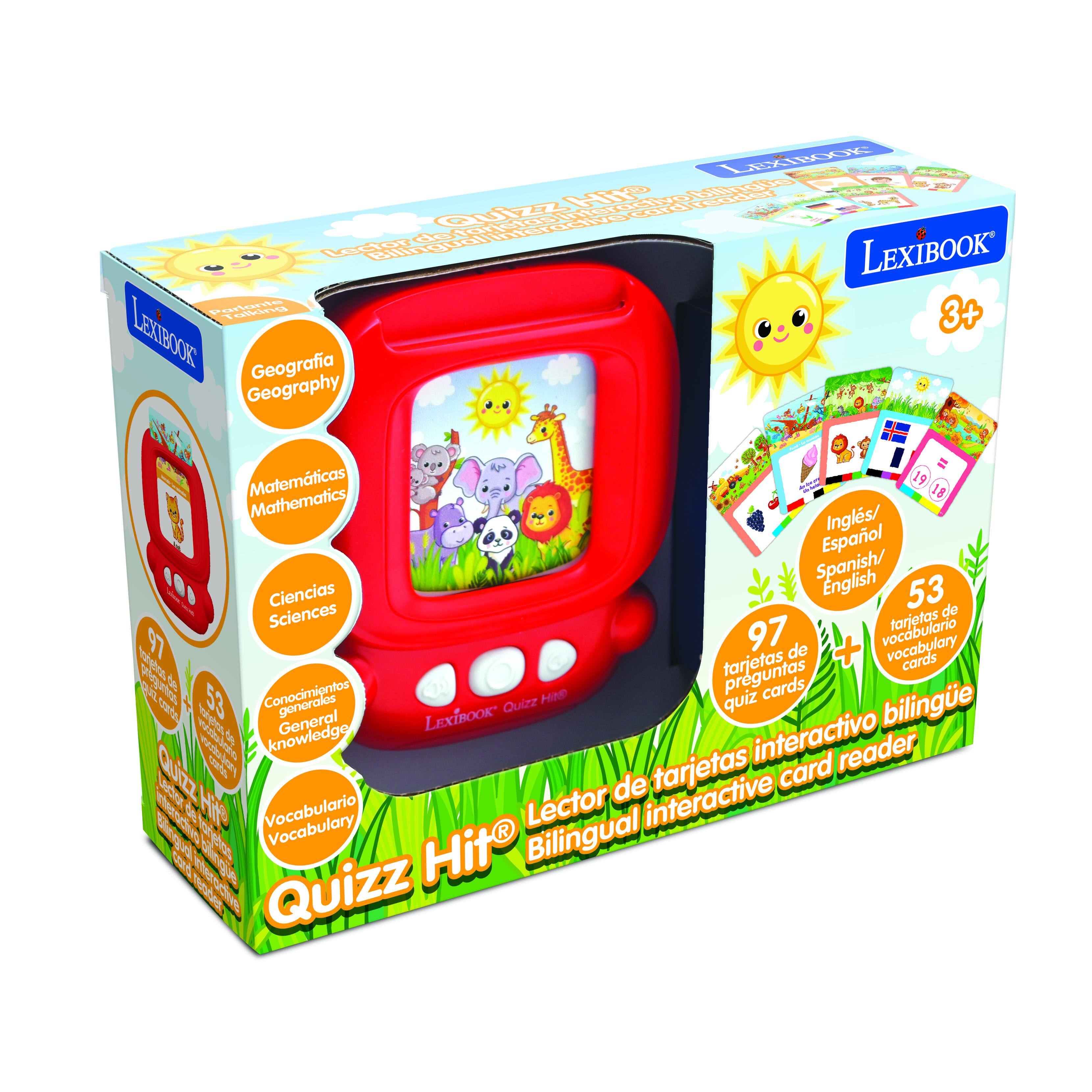 LEXIBOOK  
Geografía Geography  
Matemáticas Mathematics  
Inglés/ Español Spanish/ English  
Ciencias Sciences  
97 tarjetas de vocabulario vocabulary cards  
53 tarjetas de conocimientos general knowledge cards  
Quizz Hit®  
Lector de tarjetas interactivo bilingual interactive card reader