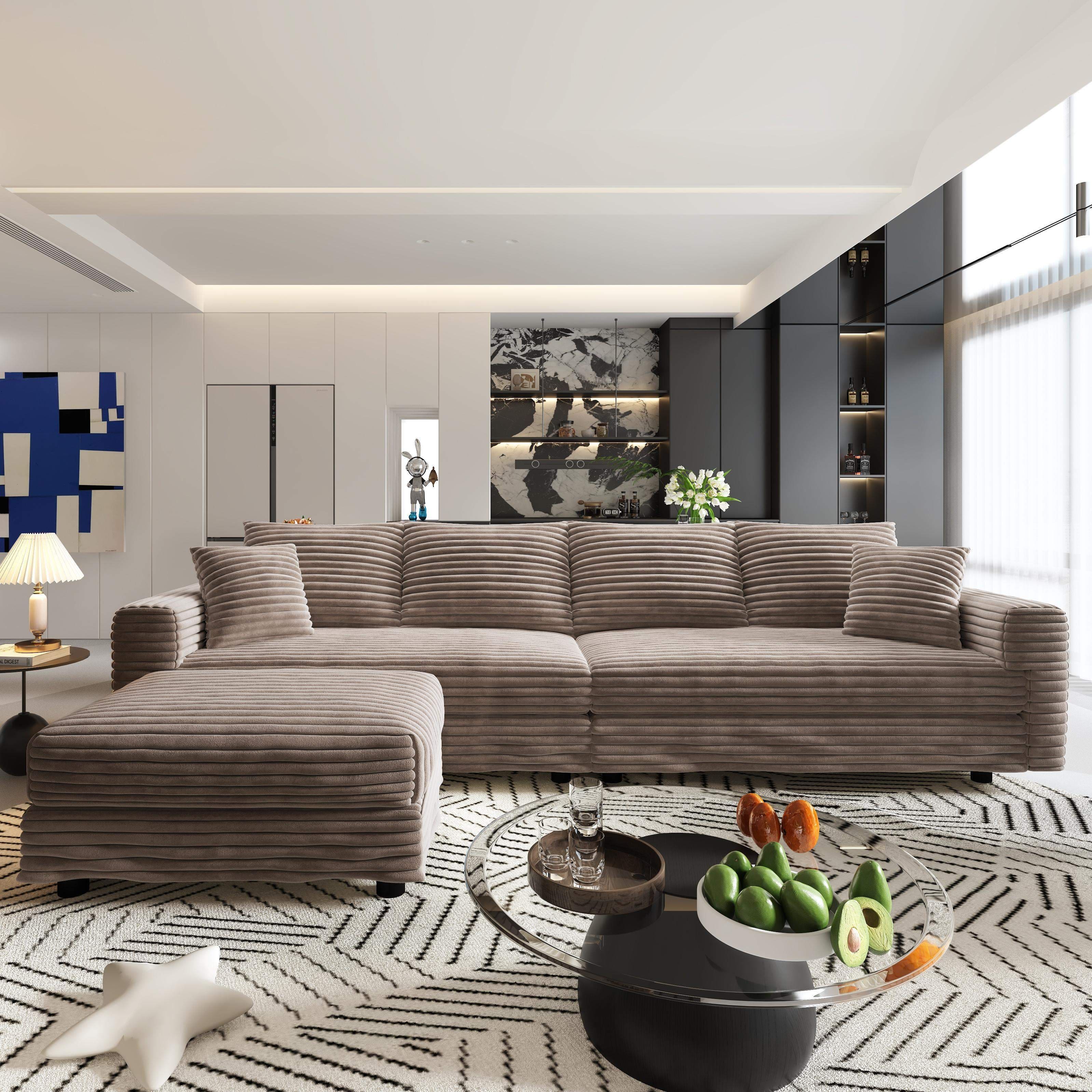 LOVMOR - 102.4 inch Plush Corduroy 4Seat SofaModern Comfy Upholstered Sofa Cloud CouchDeep Seat Couches with Soft Pillows and - Camel