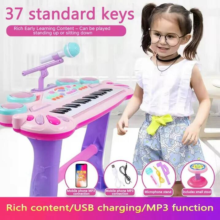 37 standard keys

Rich Early Learning Content – Can be played standing up or sitting down

Mobile phone MP3 connection

Mobile phone MP3 connection

Microphone stand

Includes small stool

Rich content/USB charging/MP3 function