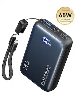 INIU - 65W 20000mAh Power Bank, Compact Fast Charging Portable Charger, with USB-C Cable, for Laptops, Tablets, Cell Phones etc - Black