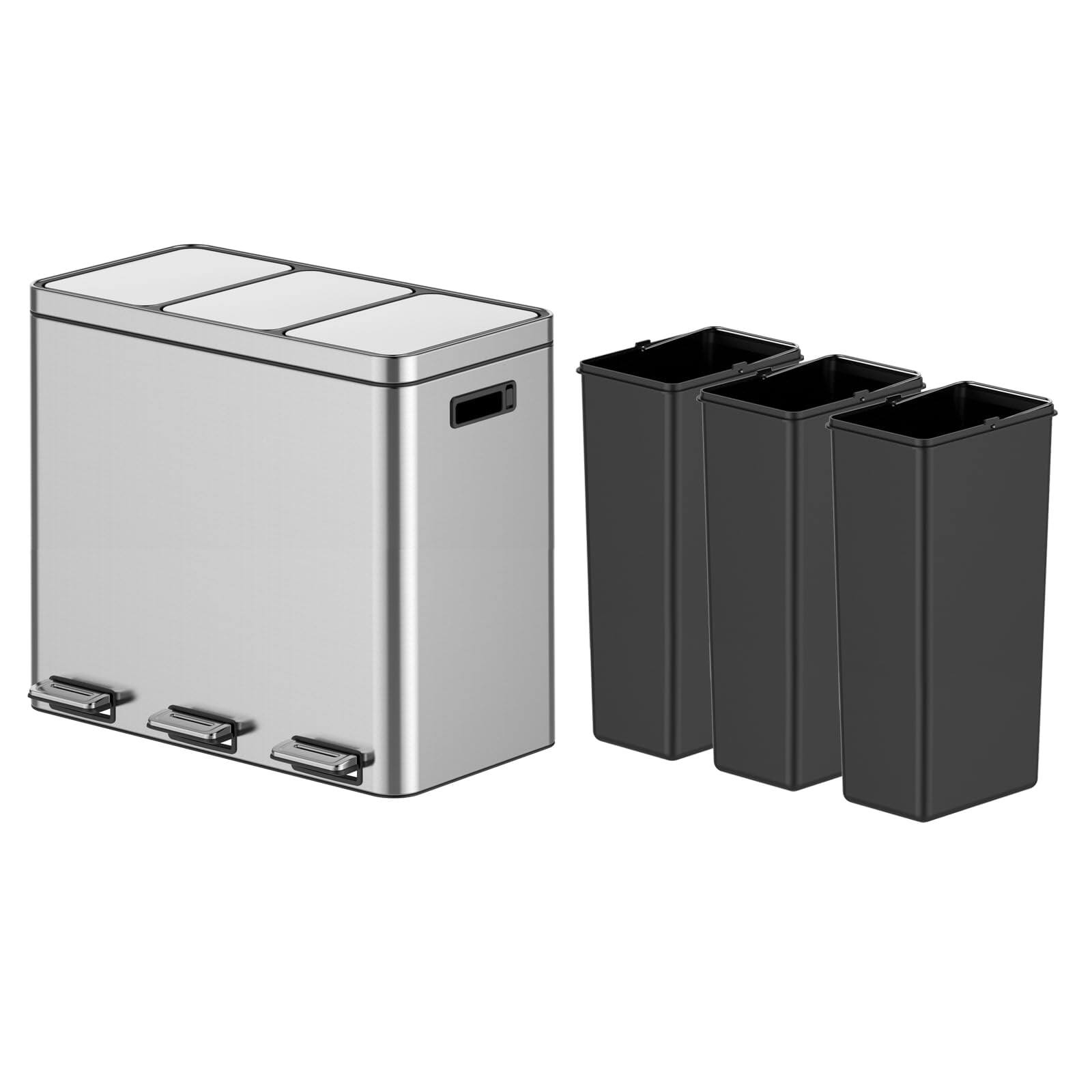 Front. Homhougo - Dual Compartment Stainless Steel Trash Can, Kitchen Step Bin with Lids, Foot Pedals, and Removable Buckets - Silver 60L.