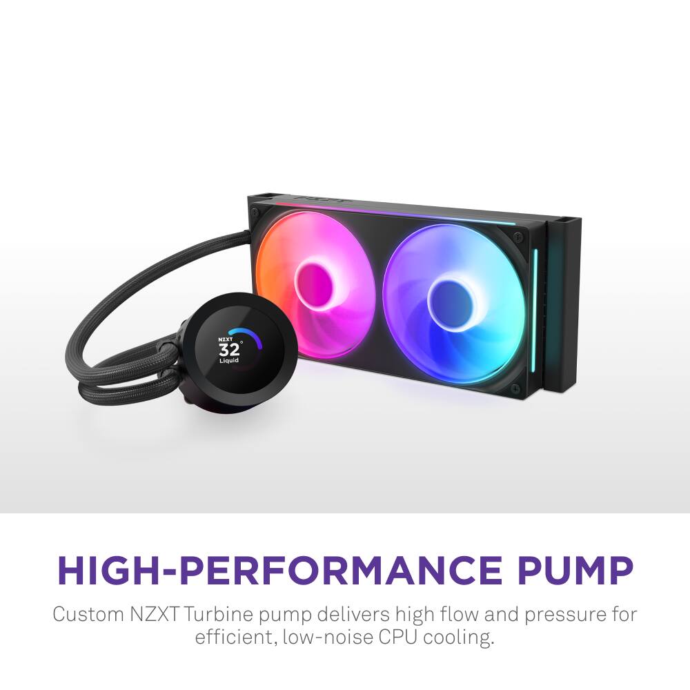 The image features a high-performance pump, specifically a Custom NZXT Turbine pump, which is designed to deliver high flow and pressure for efficient, low-noise CPU cooling. The pump is displayed in front of a box of CDs, which are also part of the product. The pump is connected to a computer, and the image emphasizes its high-performance capabilities.