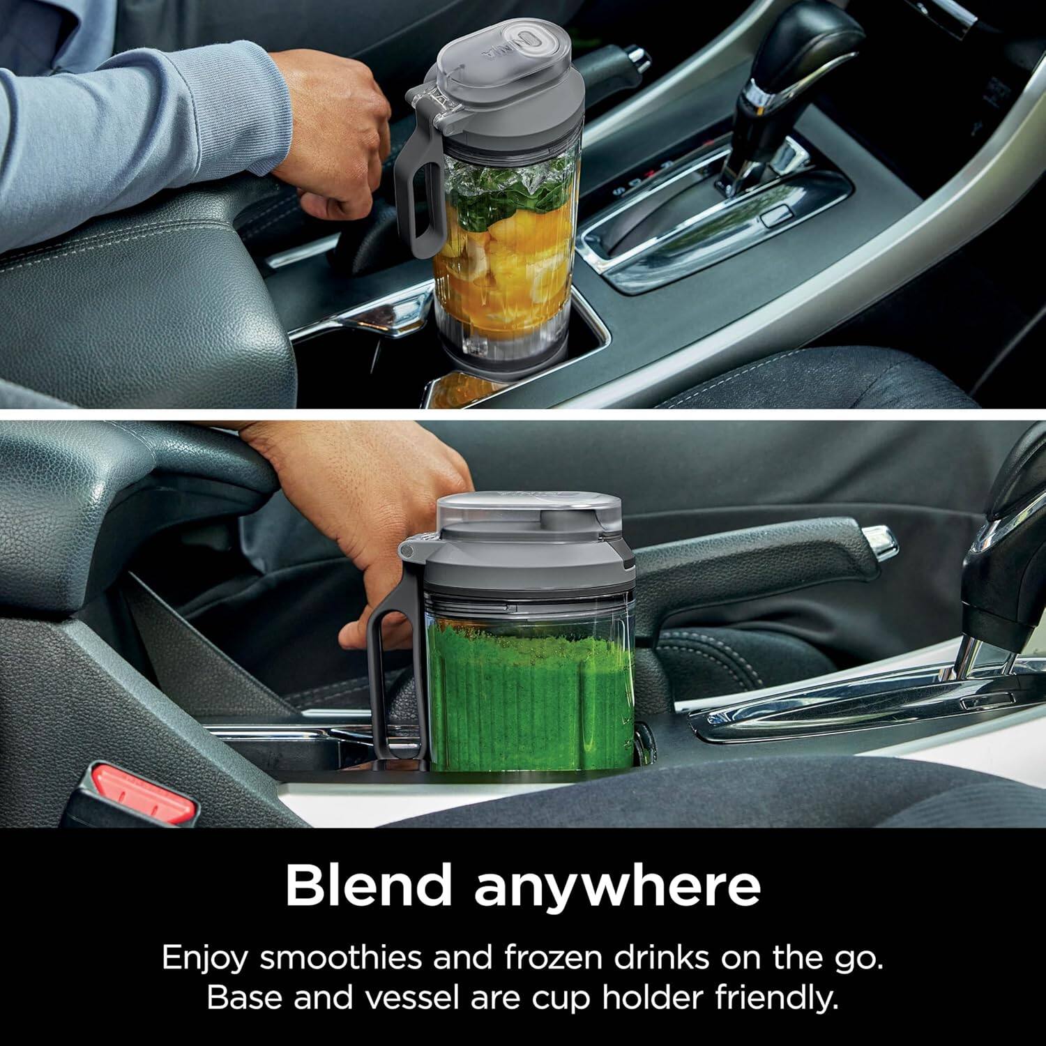 Blend anywhere  
Enjoy smoothies and frozen drinks on the go.  
Base and vessel are cup holder friendly.