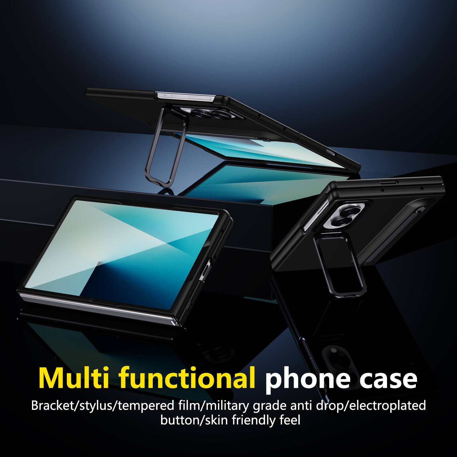 Multi functional phone case  
Bracket/stylus/tempered film/military grade anti drop/electroplated button/skin friendly feel