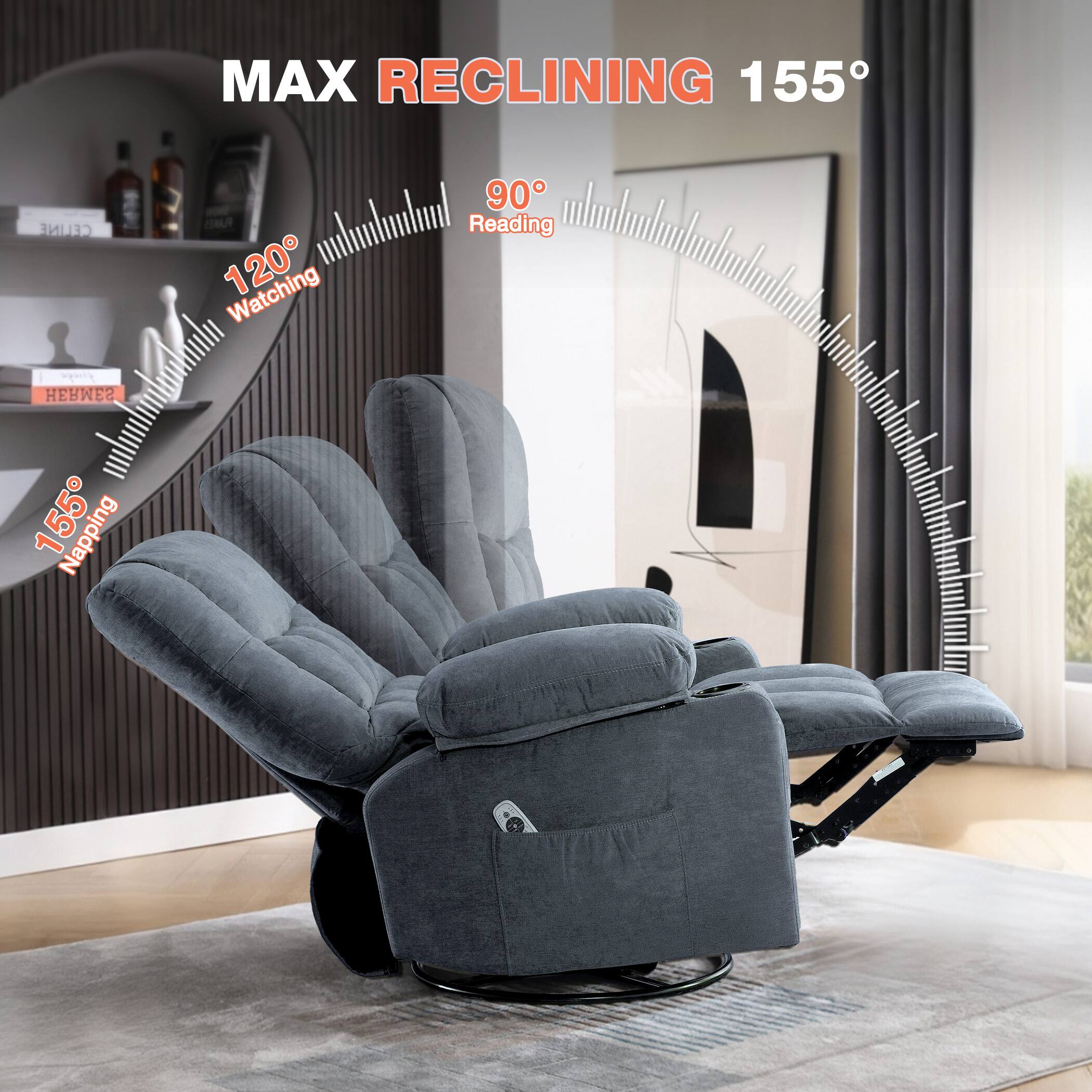 MAX RECLINING 155°

120° Watching  
90° Reading  
155° Napping