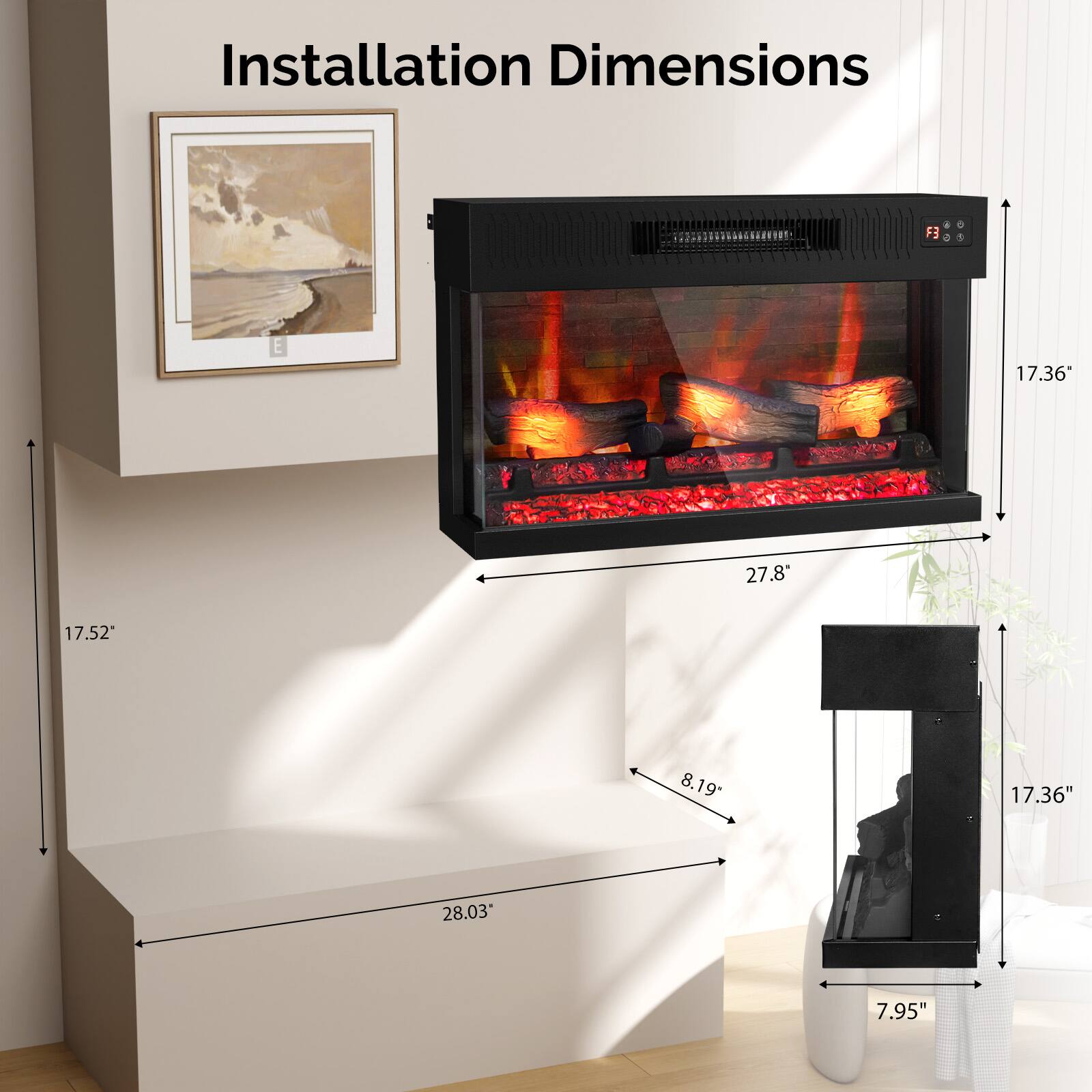 Installation Dimensions

- Width: 28.03"
- Height: 27.8"
- Depth: 17.52"
- Wall Clearance: 8.19"
- Floor Clearance: 7.95"
- Overall Height: 17.36"