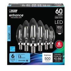 FEIT Electric enhance
Vivid Natural Light
Daylight - 5000K
60 Watt Replacement
Uses 5.5W LED
E12 Candelabra
6 Pack
Blunt Tip Clear
Lasts up to 13 Years
Dimmable
Energy Star
Brightness: 500 Lumens
Estimated Energy Cost: $0.66 per year