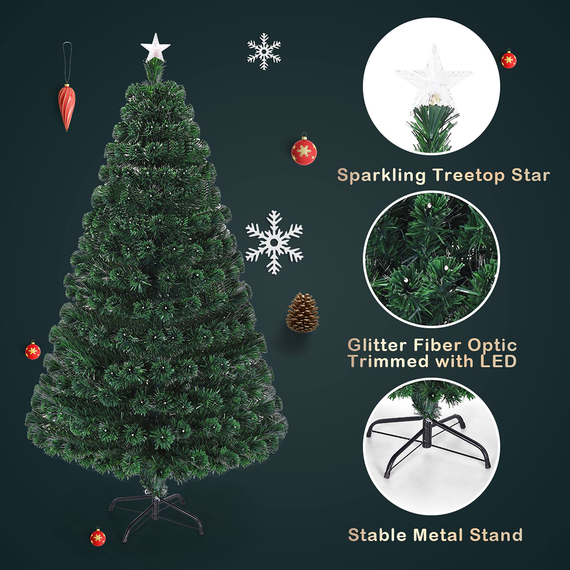 The text on the image is grouped as follows:

1. Sparkling Treetop Star
2. Glitter Fiber Optic Trimmed with LED
3. Stable Metal Stand