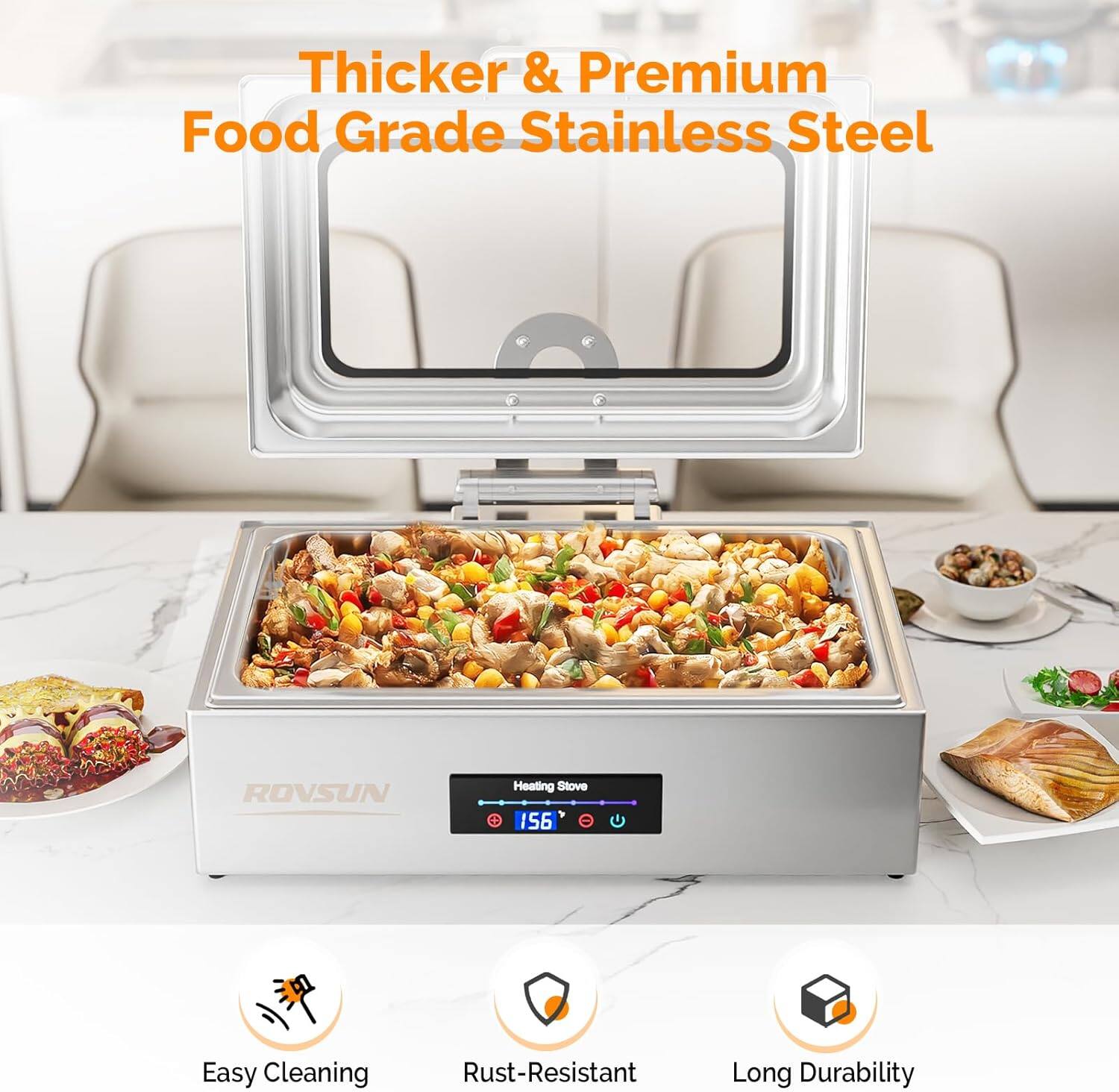 Thicker & Premium Food Grade Stainless Steel  
ROVSUN Heating Stove  
156  
Easy Cleaning  
Rust-Resistant  
Long Durability