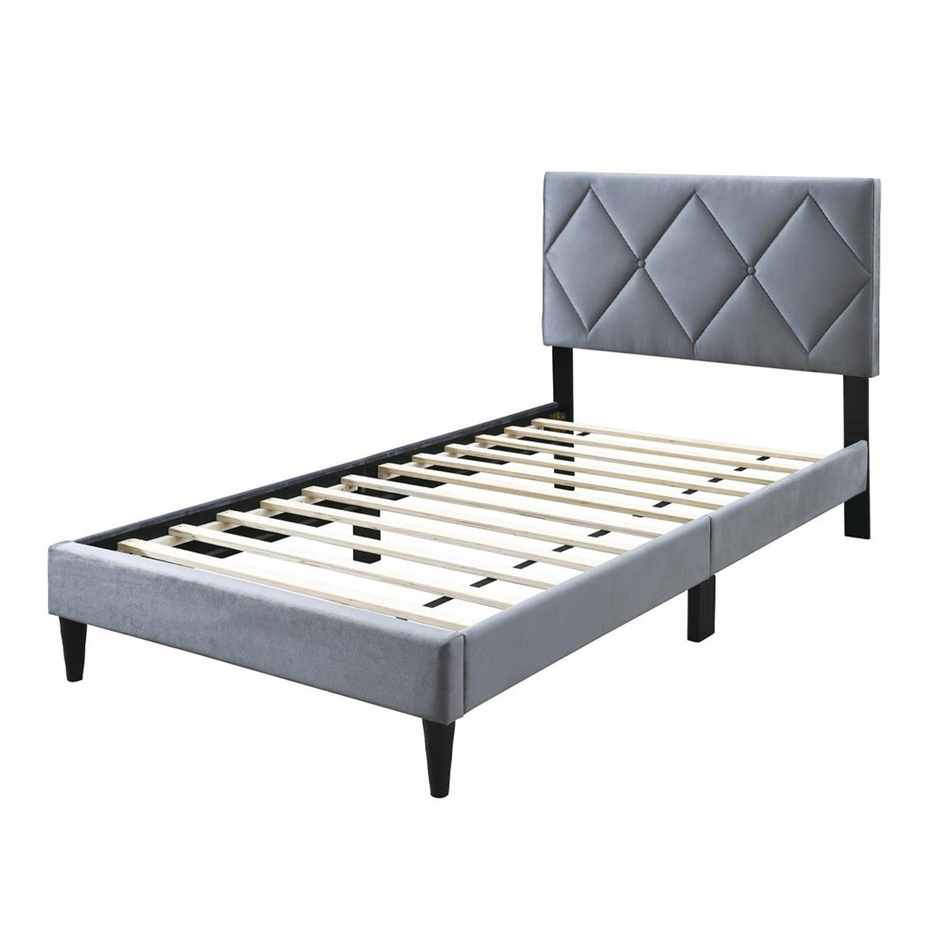 Angle. Manhattan Lane - Lilian Full Size Bed, Tufted Gray Velvet Upholstery, Diamond Stitch - Gray, Black.