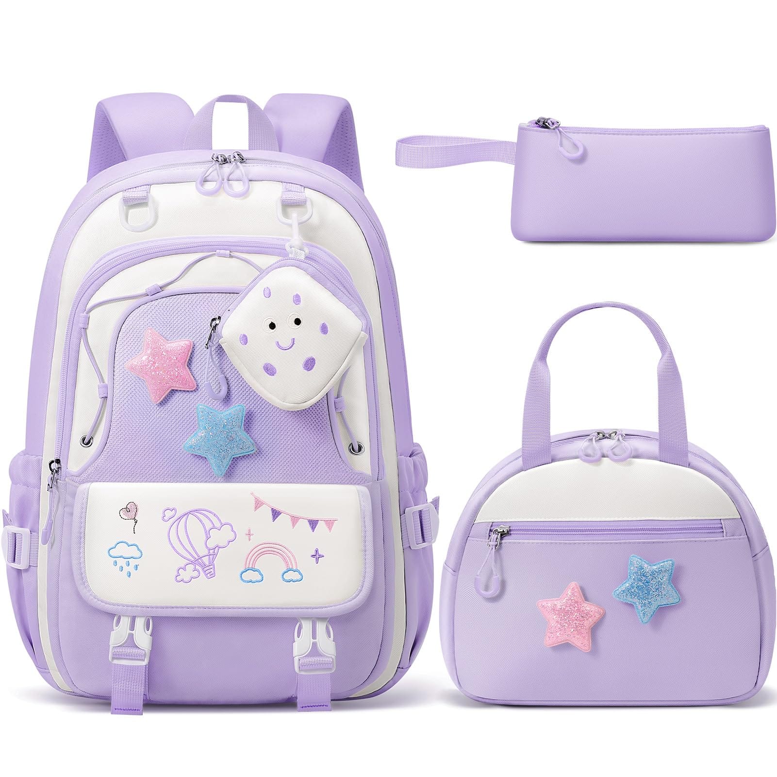 Live At Space - Backpack For 4 Waterproof Teen With Lunch Box Pencil Case Headphone Bag Set Cute Bookbag Travel School Elementary - Purple