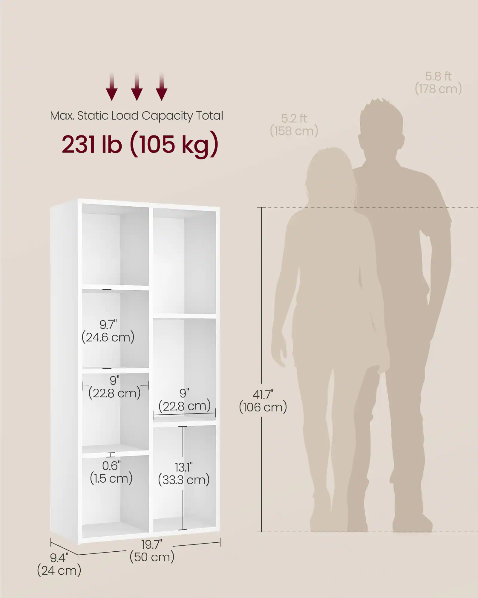 5.8 ft (178 cm)  
Max. Static Load Capacity Total 231 lb (105 kg)  
5.2 ft (158 cm)  
9.7" (24.6 cm)  
9" (22.8 cm)  
9" (22.8 cm)  
41.7" (106 cm)  
0.6" (1.5 cm)  
13.1" (33.3 cm)  
9.4" (24 cm)  
19.7" (50 cm)