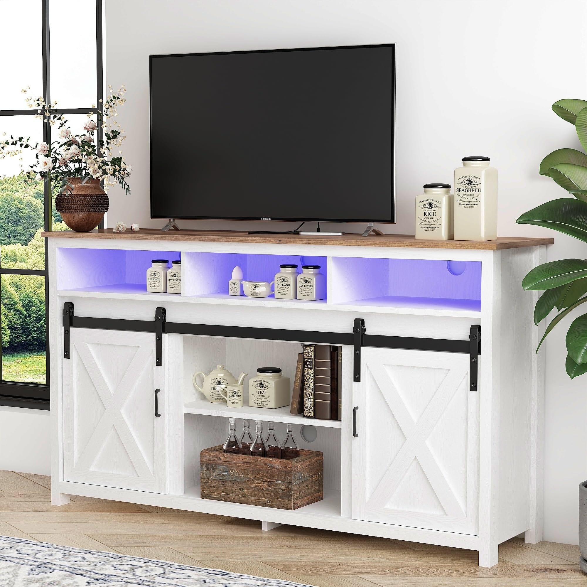 Espafurni - Farmhouse Barn Door TV Cabinet Up to 65" TV Media Console with Open Shelves Adjustable Storage, Entertainment Center wit - White