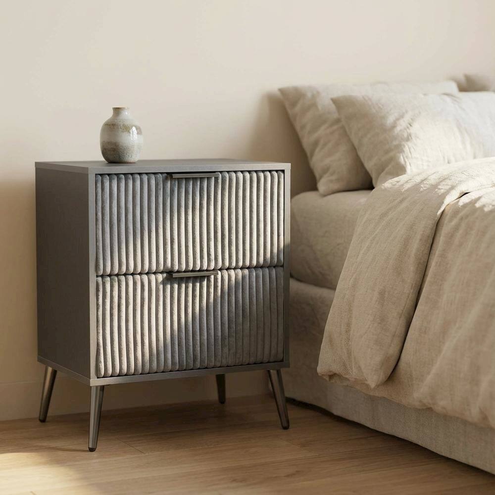 Left. FurniFact - Gray Nightstand with Modern Design and Center Drawer Glide Mechanism - Gray.
