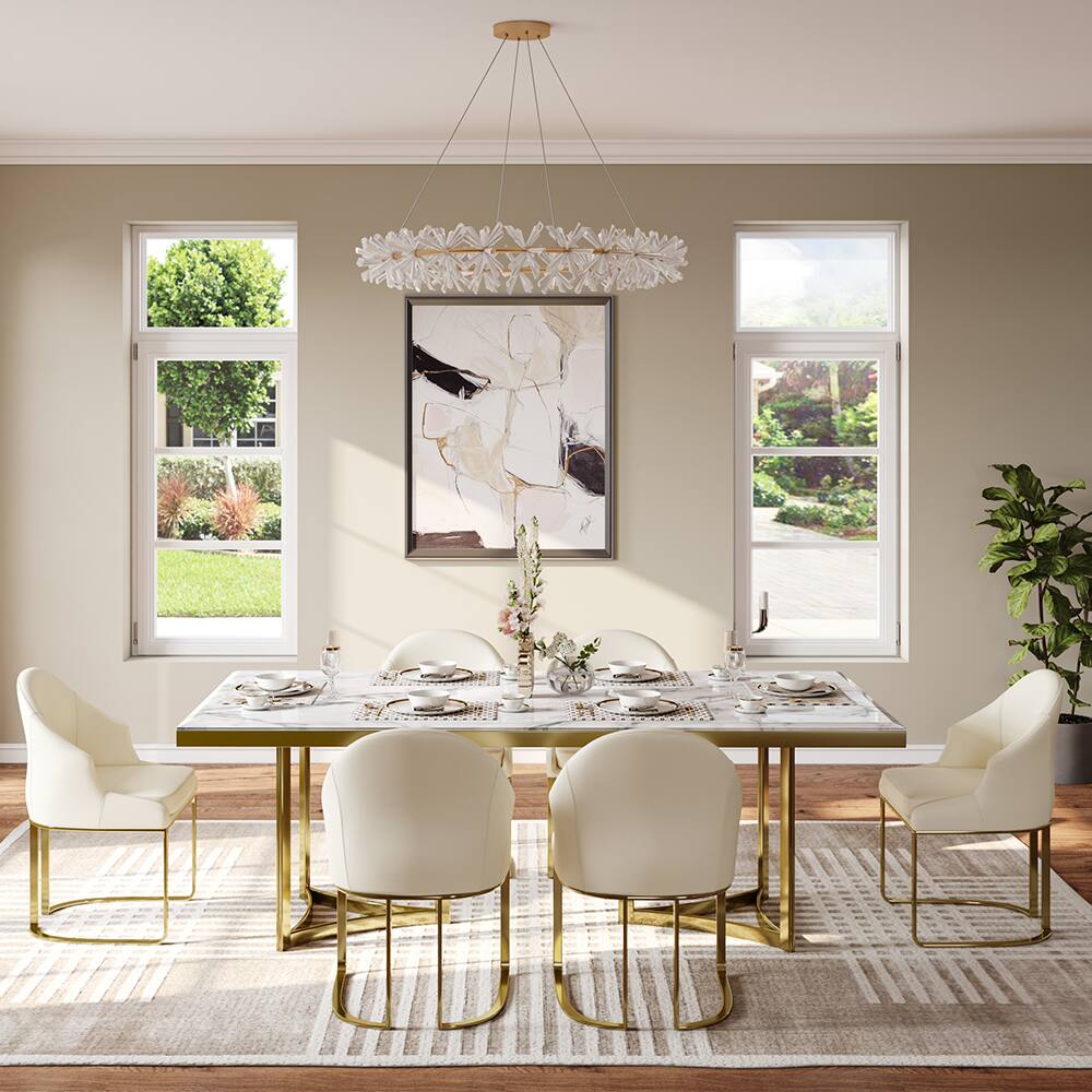 Angle. POVISON - 71"Bura Modern Faux Marble Dining Table For 6, White Rectangular Tabletop Gold Stainless Legs - White.