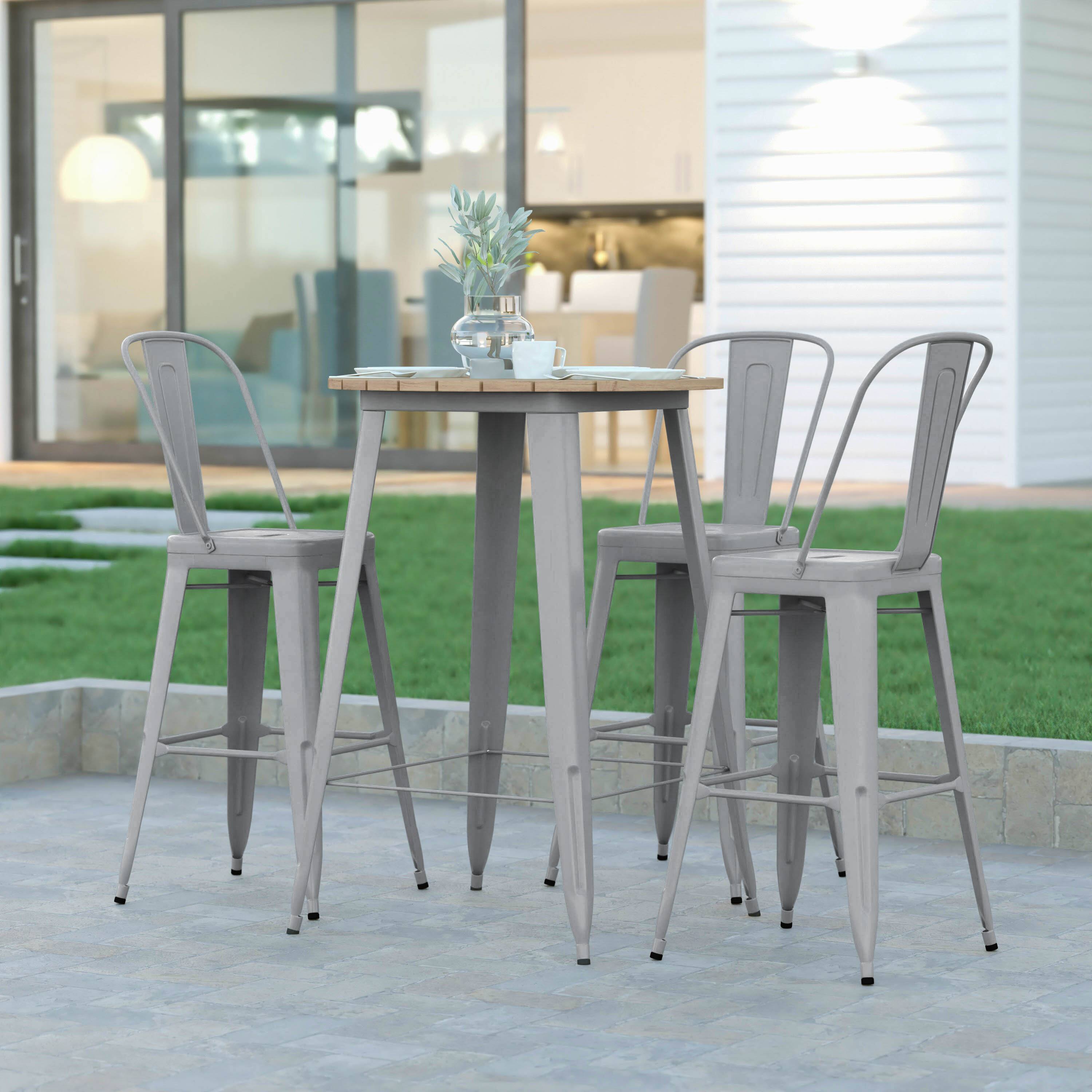 Alt View 1. Emma + Oliver - Drew Indoor/Outdoor Bar Top Table, 30" Round All Weather Poly Resin Top with Steel base - Brown Top/Silver Frame.