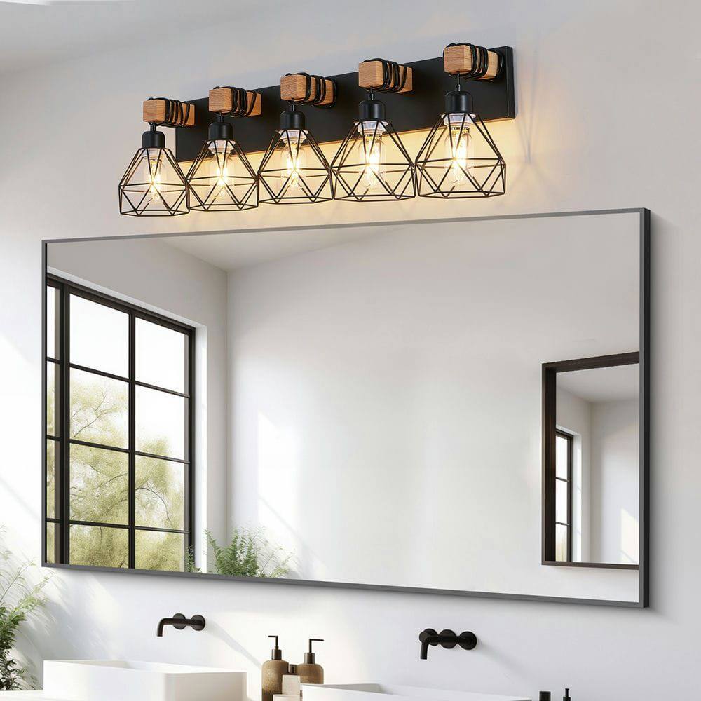 Alt View 4. Kadyn - 31" Modern Geometric 5-Light Vanity Light Fixture with Black Metal, Wooden Accents and Cage Lampshade, Black - Black.