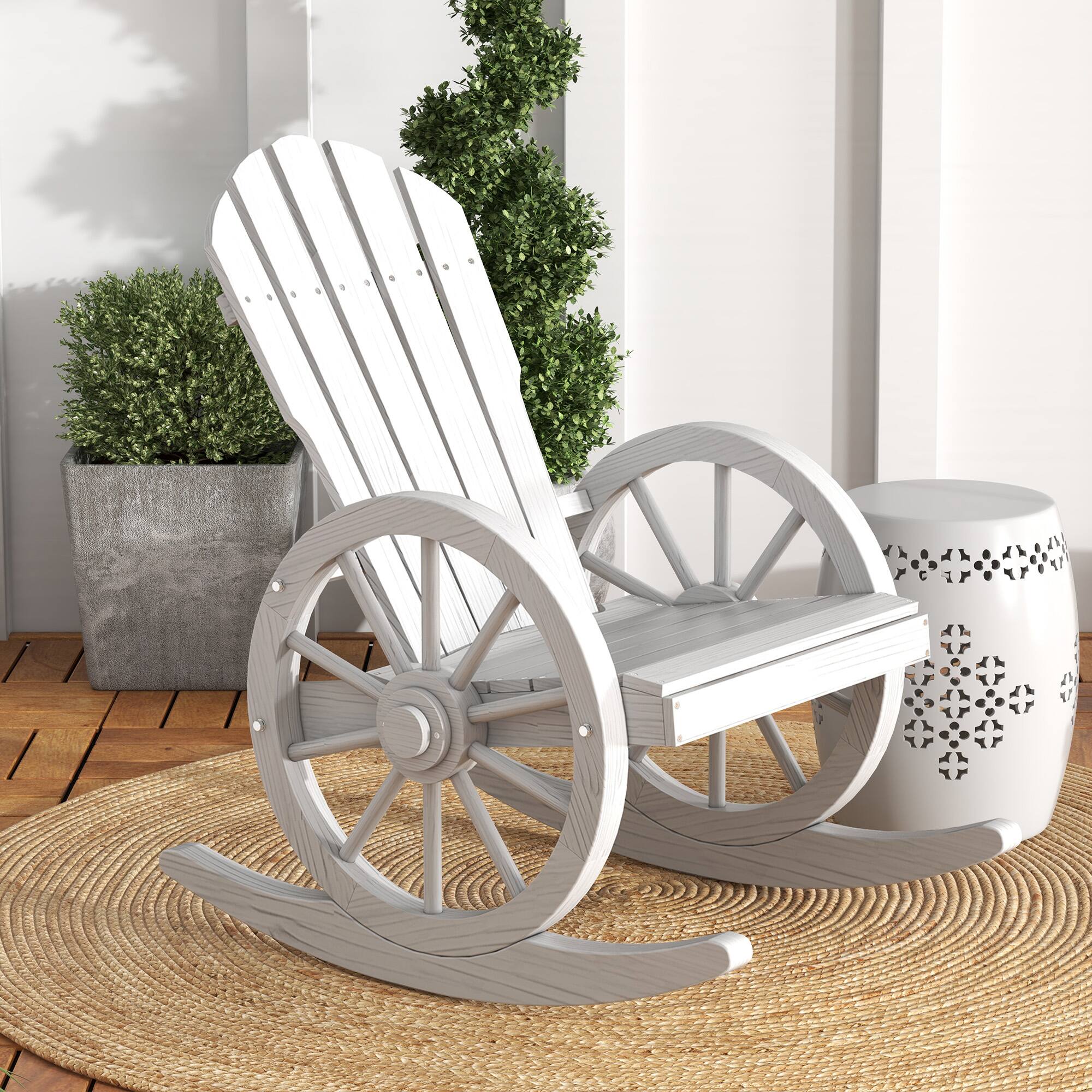 Angle. Outsunny - Wooden Rocking Chair, Adirondack Rocker Chair w/ Slatted Design and Oversized Back, Outdoor Rocking Chair - White.