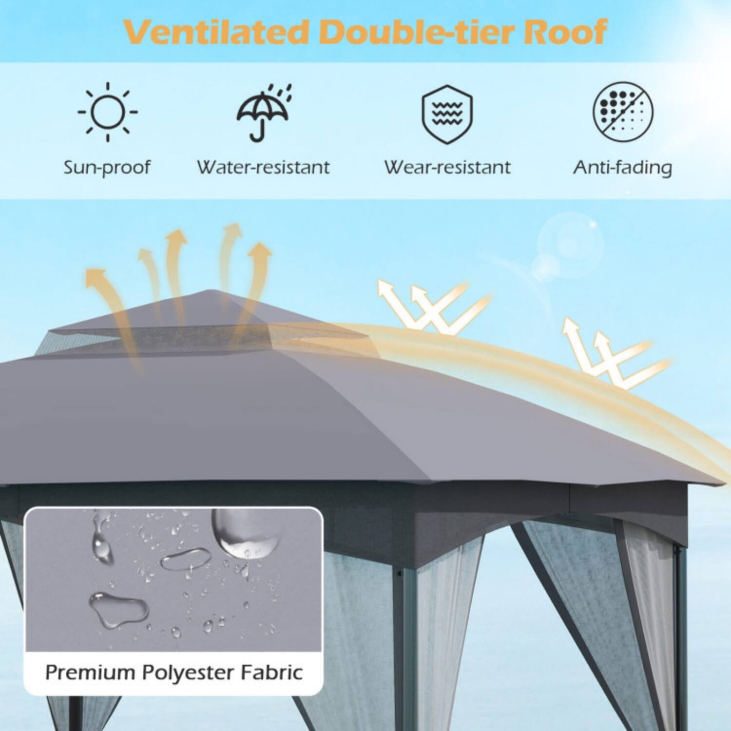 Ventilated Double-tier Roof  
Sun-proof  
Water-resistant  
Wear-resistant  
Anti-fading  
Premium Polyester Fabric
