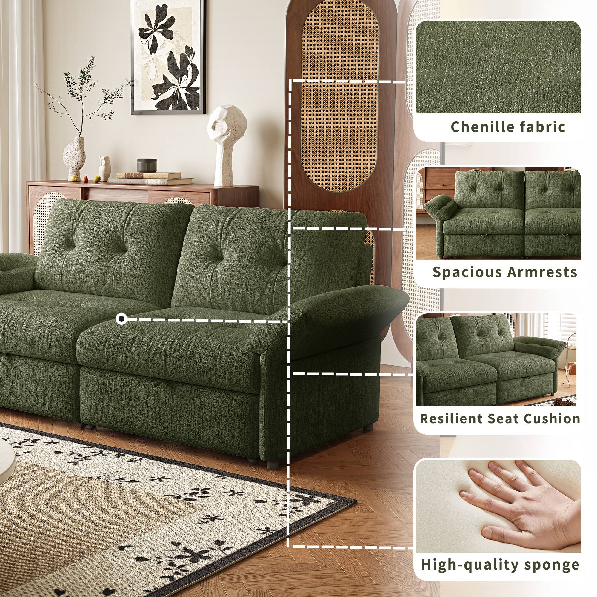 Chenille fabric  
Spacious Armrests  
Resilient Seat Cushion  
High-quality sponge