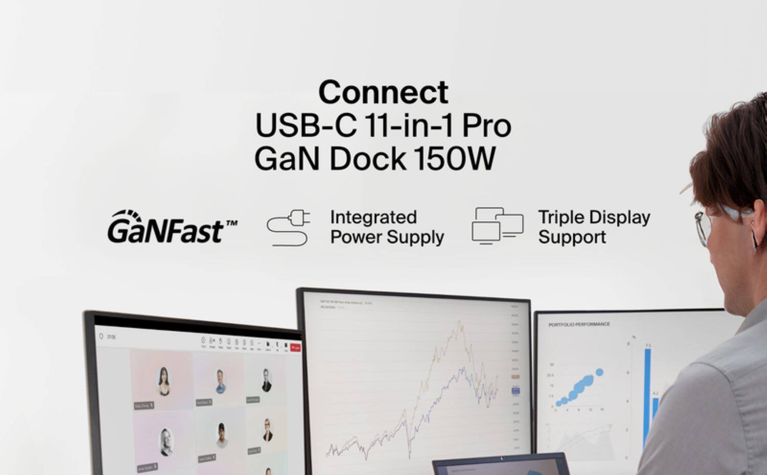 Connect USB-C 11-in-1 Pro GaN Dock 150W TM GNFast Integrated Power Supply Triple Display Support Portfolio Performance 8500B