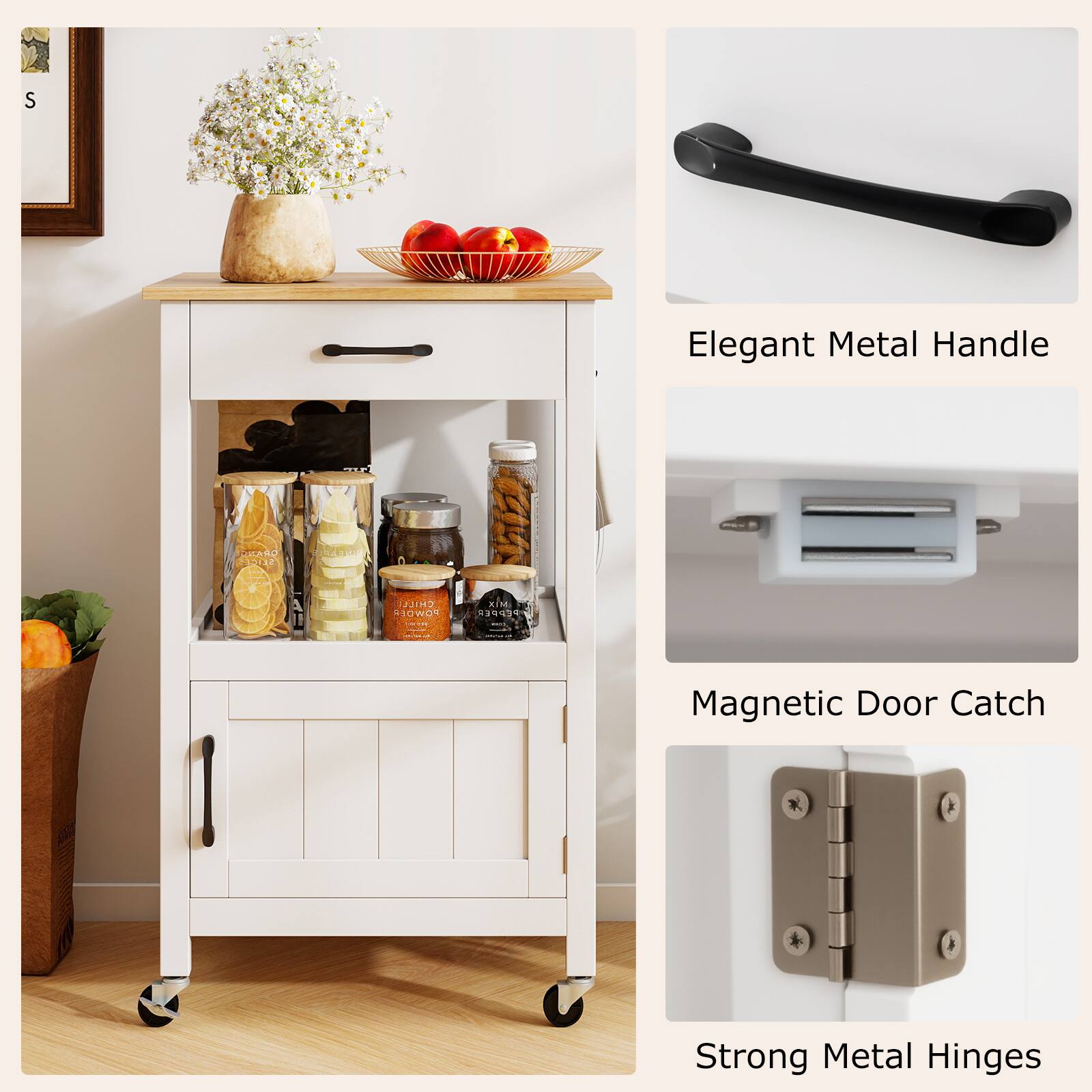 Elegant Metal Handle  
Magnetic Door Catch  
Strong Metal Hinges
