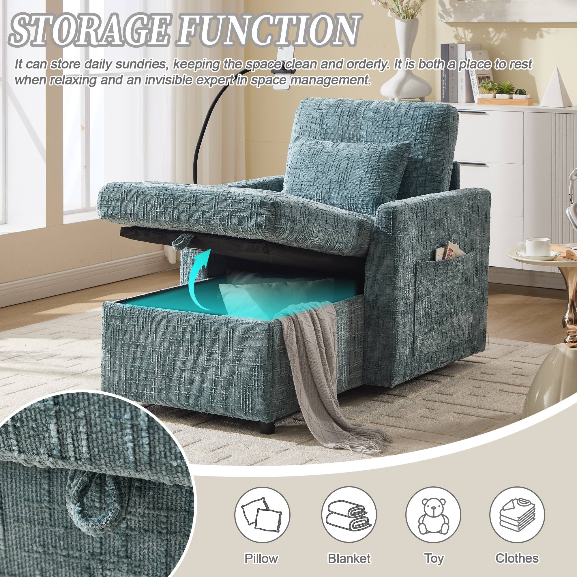 **STORAGE FUNCTION**

It can store daily sundries, keeping the space clean and orderly. It is both a place to rest when relaxing and an invisible expert in space management.

- Pillow
- Blanket
- Toy
- Clothes