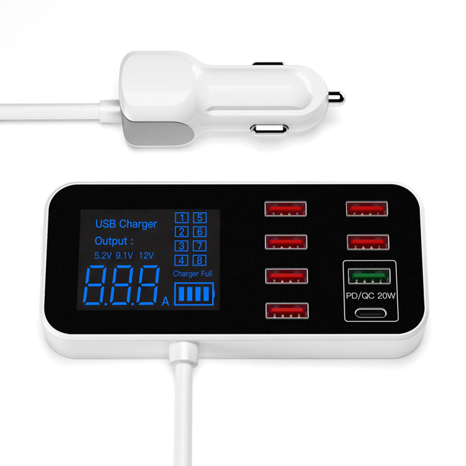 1. USB Charger  
2. Output: 5.2V 9.1V 12V  
3. Charger Full  
4. PD/QC 20W