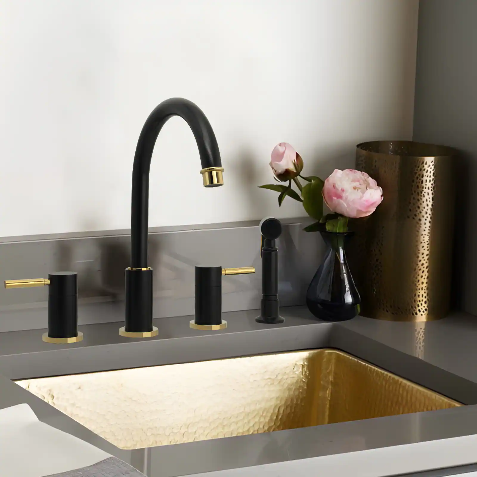 Alt View 6. Akicon - Akicon Solid Brass Double-Handle 360° Swivel Widespread Kitchen Faucet with Side Sprayer in Matte Black & Gold - Matte Black & Gold.