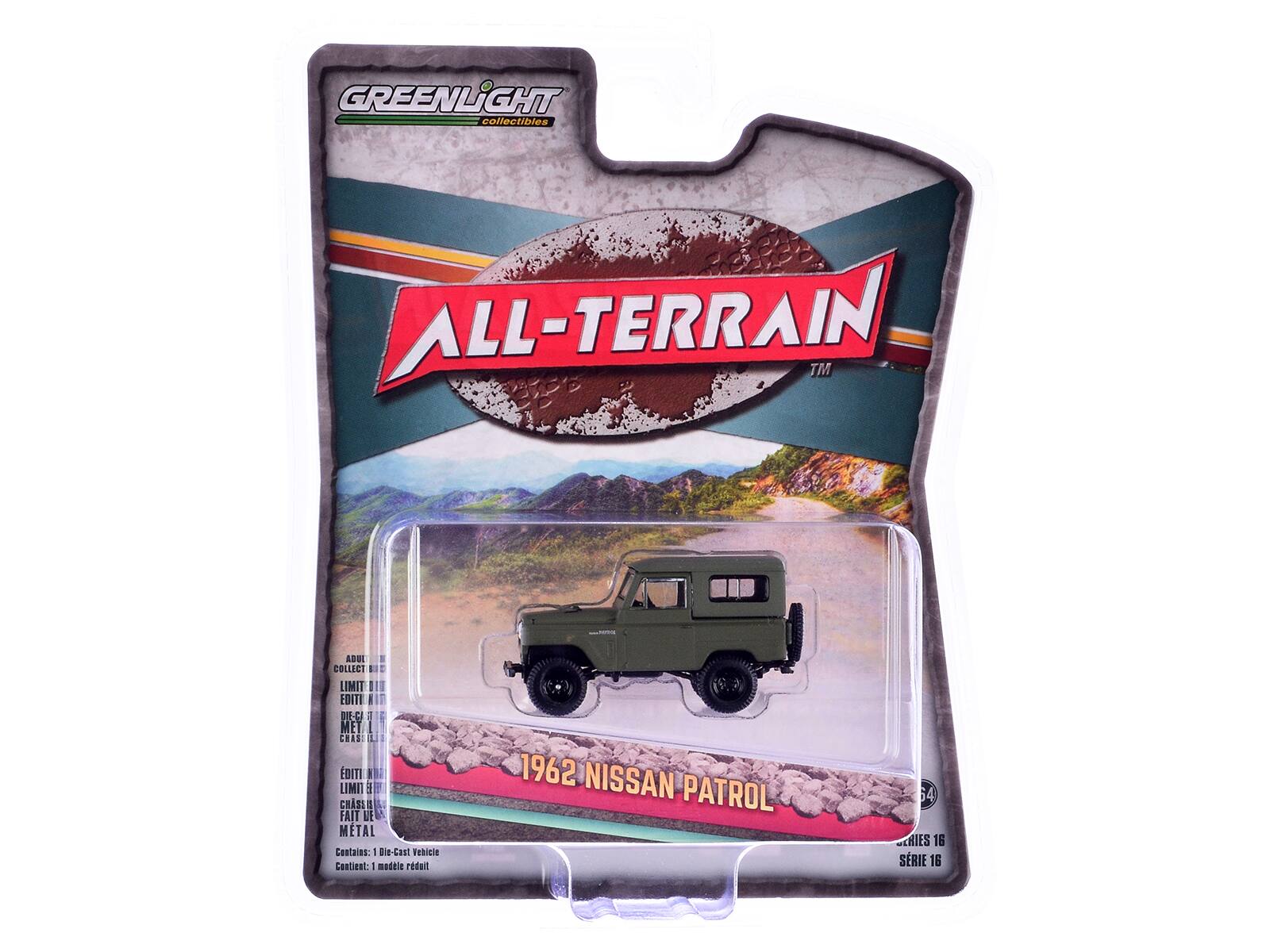 GREENLIGHT collectibles

ALL-TERRAIN™

1962 NISSAN PATROL

Contains: 1 Die-Cast Vehicle

Contient: 1 modèle réduit

ADULT COLLECTIBLE
LIMITED EDITION
CHASSIS

ÉDITION LIMITÉE
CHASSIS

SERIES 16
SÉRIE 16
