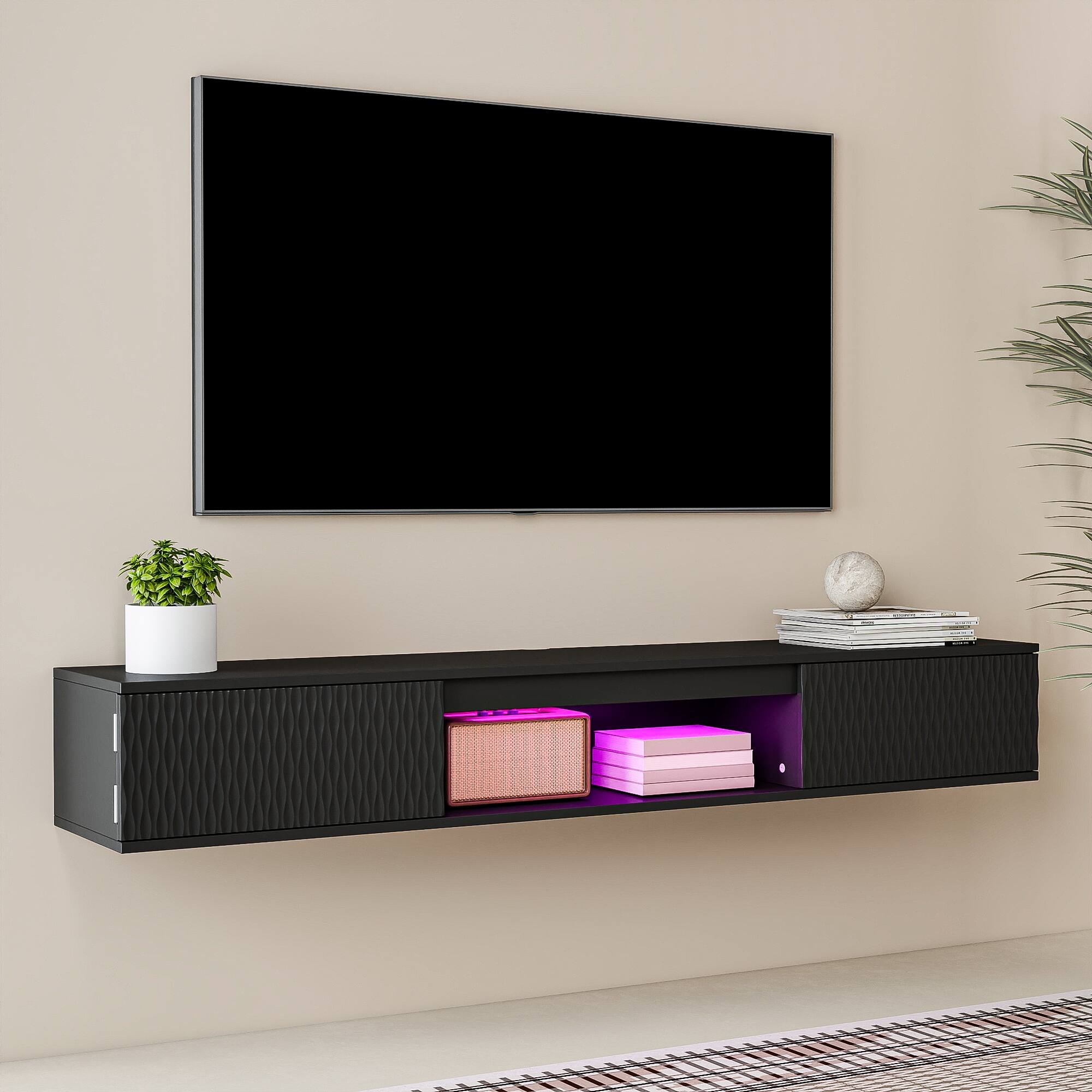 Left. Kadyn - Wall-Mounted Floating TV Stand with LED Lighting and Textured Wave  Design - Black.
