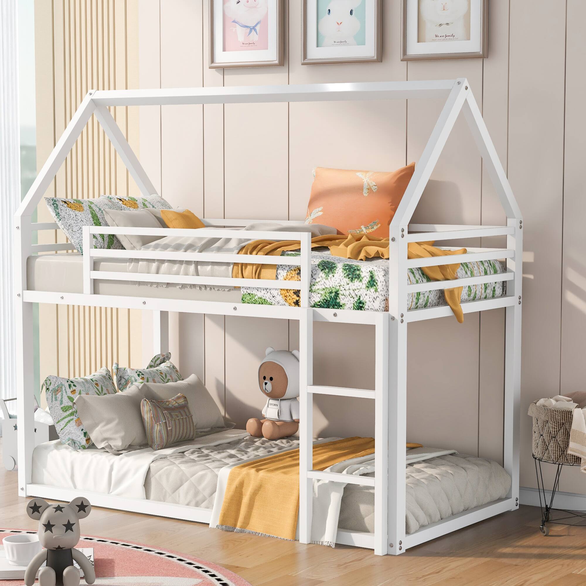 Left. GOODSILO - Space-Saving Twin Over Twin Metal Bunk Bed with Built-In Ladder and Playhouse Design - White.
