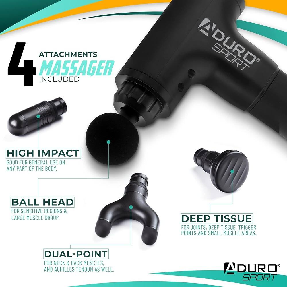 **4 Attachments Included**

- **High Impact**: Good for general use on any part of the body.
- **Ball Head**: For sensitive regions & large muscle group.
- **Deep Tissue**: For joints, deep tissue, trigger points, and small muscle areas.
- **Dual-Point**: For neck & back muscles, and Achilles tendon as well.

**ADURO SPORT**