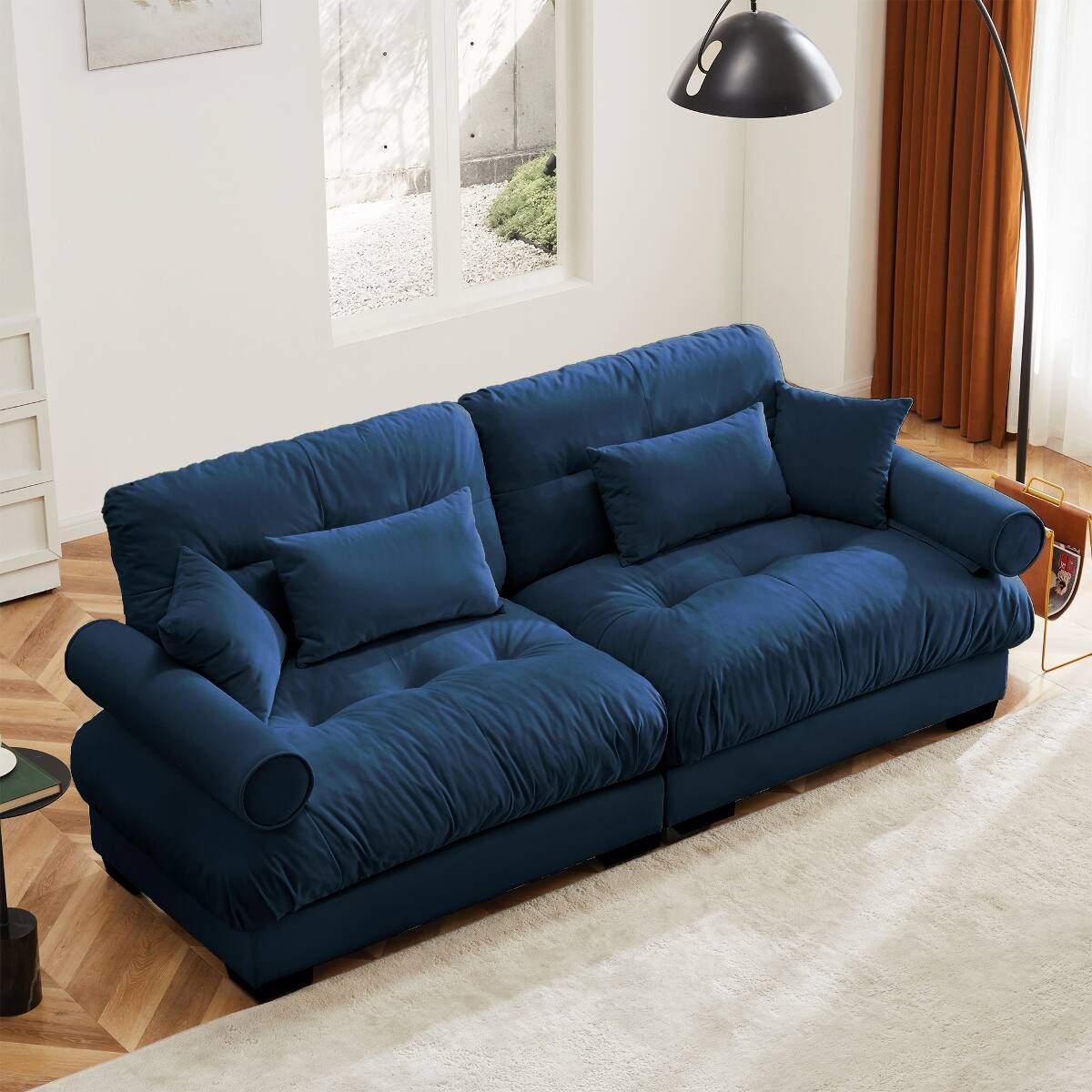 Front. Ropilly - Ropilly Blue Velvet 2 Seater Sofa, Modern Loveseat with Bolster Armrests and Pillows - Blue.