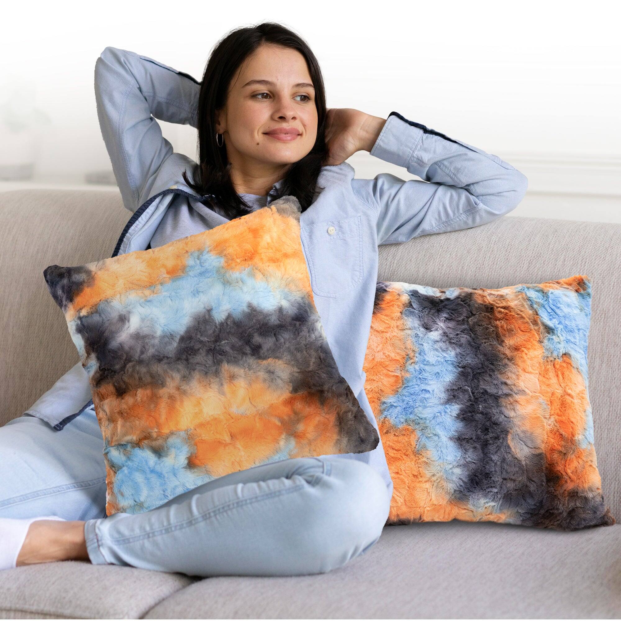 Back. Cheer Collection - 18-Inch Multi-Colored Faux Fur Throw Pillows — 2 Pack - Blue & White.