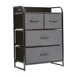 Emma + Oliver - Charging Nightstand with 4 Fabric Drawers, 2 USB Ports, 1 Outlet - Charcoal Drawers/Black Frame