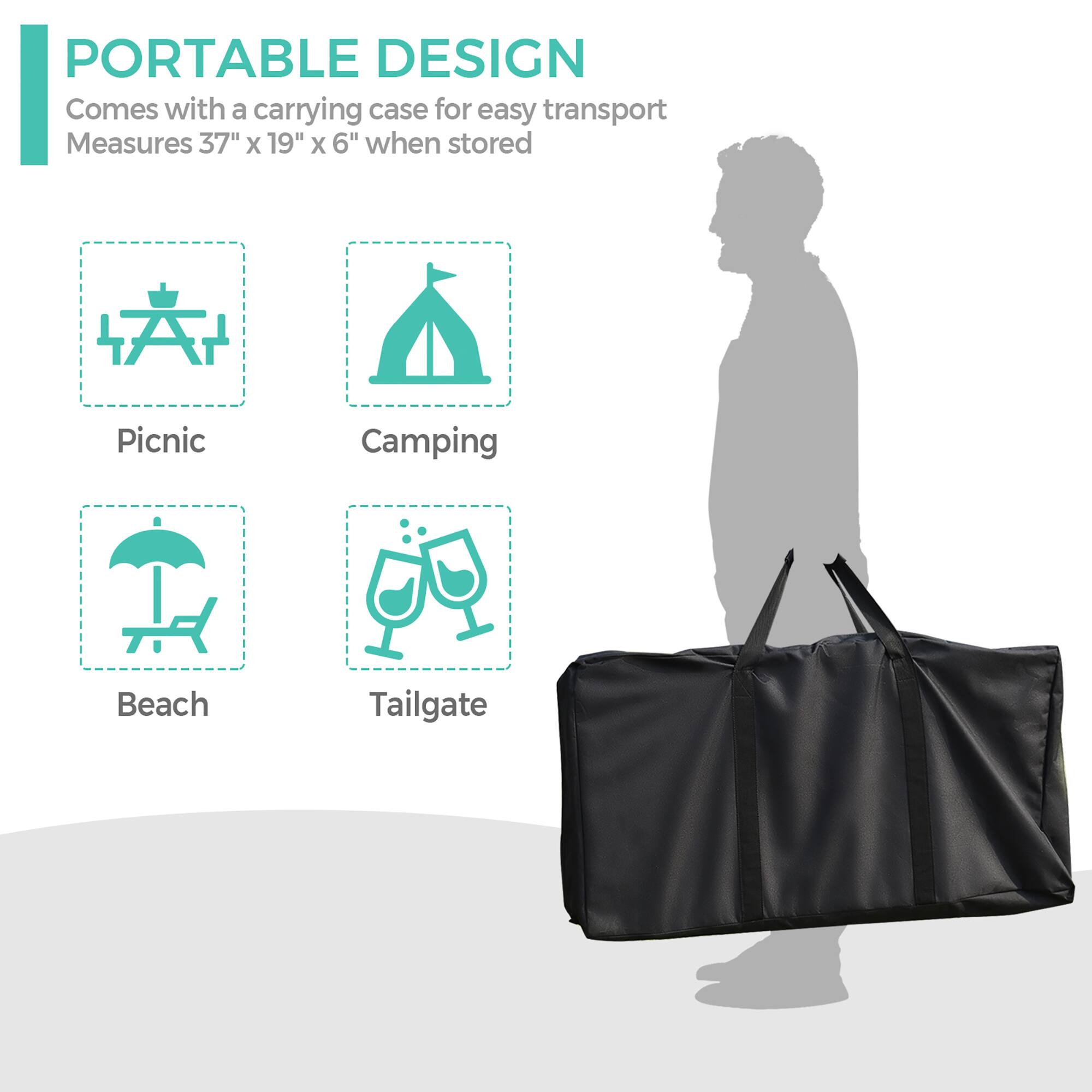 Portable Design: Comes with a carrying case for easy transport. Measures 37" X 19" X 6" when stored. Picnic, Camping, Beach, Tailgate.