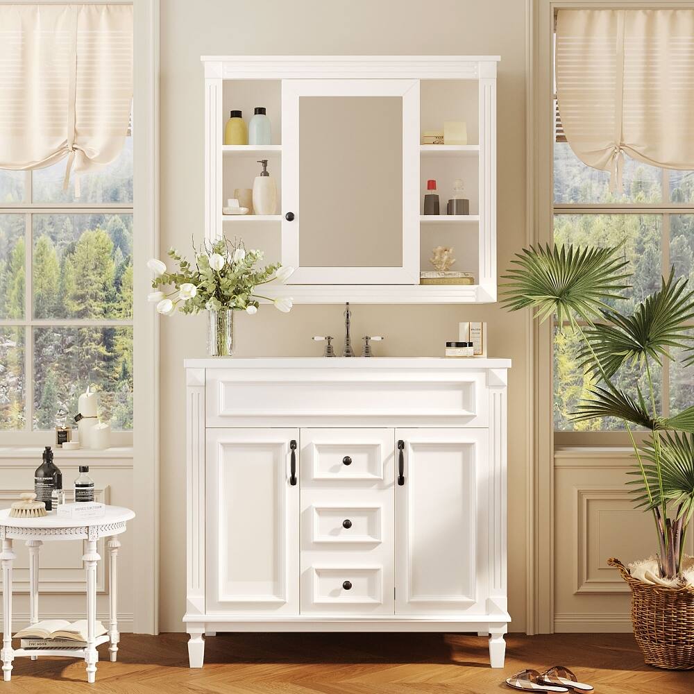 Loheer - 36 Inch Bathroom Vanity with Sink and Mirror Cabinet, Modern Bathroom Vanity with Soft Close Doors - White