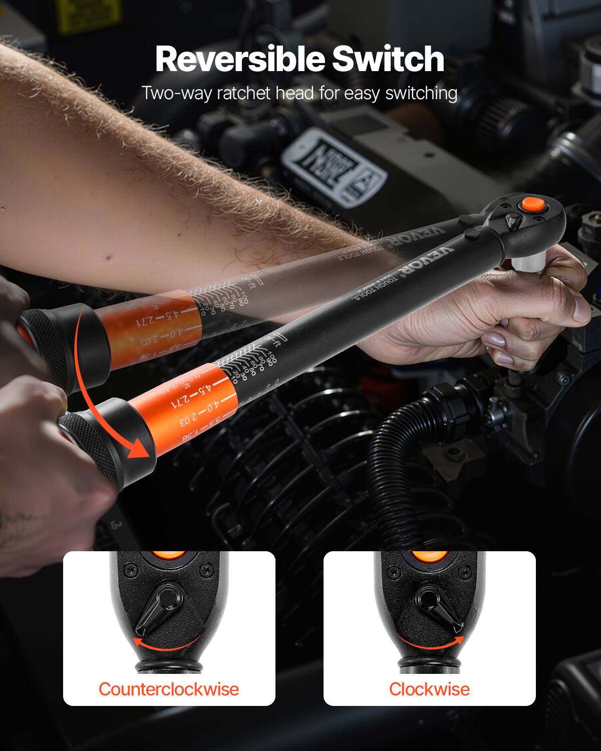 Reversible Switch  
Two-way ratchet head for easy switching  

Counter-clockwise  
Clockwise