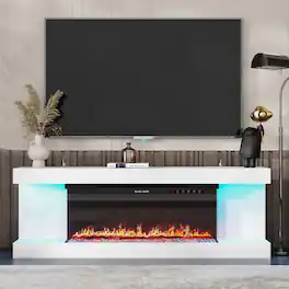 Famapy - Upto 65" TV Stand with Electric Fireplace and LED Lights, Entertainment Center with Storage for Living Room Heating - White & Black