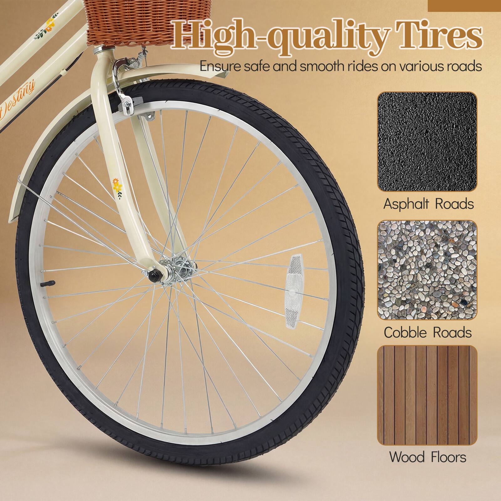 High-quality Tires  
Ensure safe and smooth rides on various roads  
- Asphalt Roads  
- Cobble Roads  
- Wood Floors