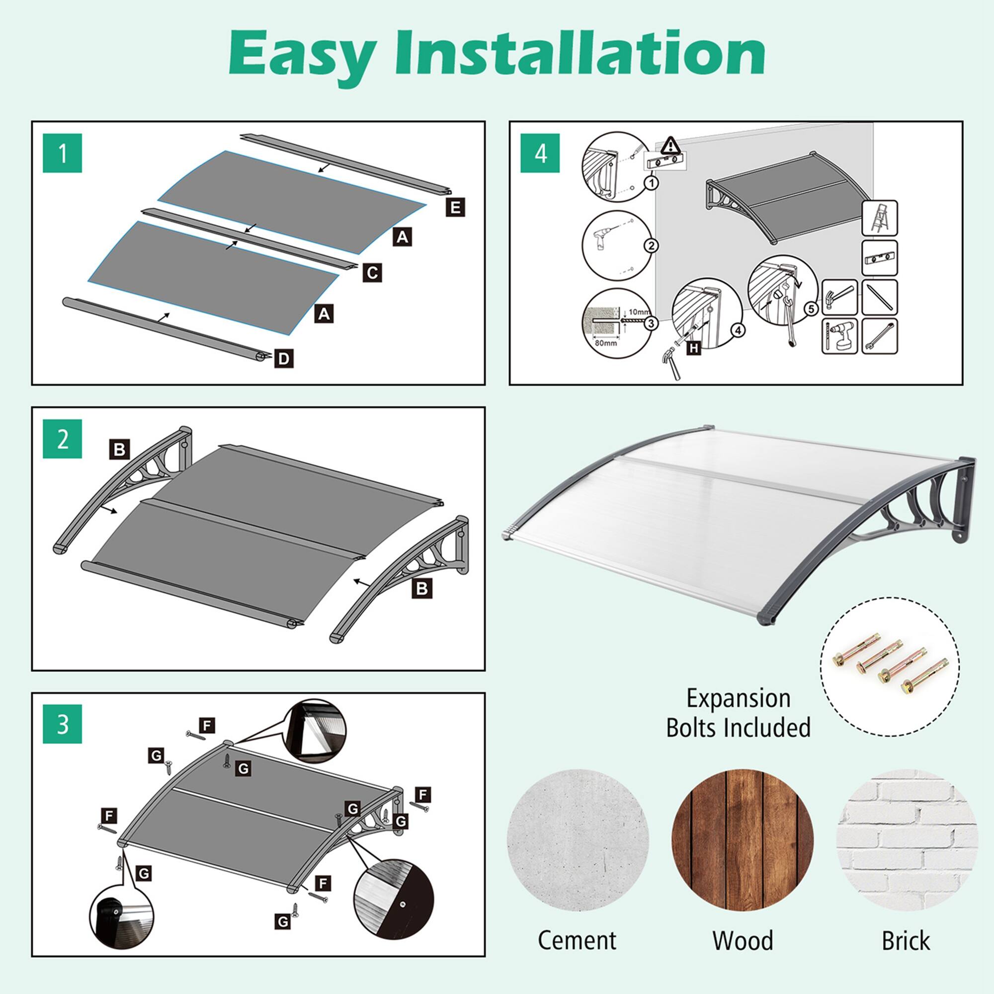 Easy Installation

1. A, C, D, E
2. B
3. F, G
4. H

Expansion Bolts Included

Cement, Wood, Brick