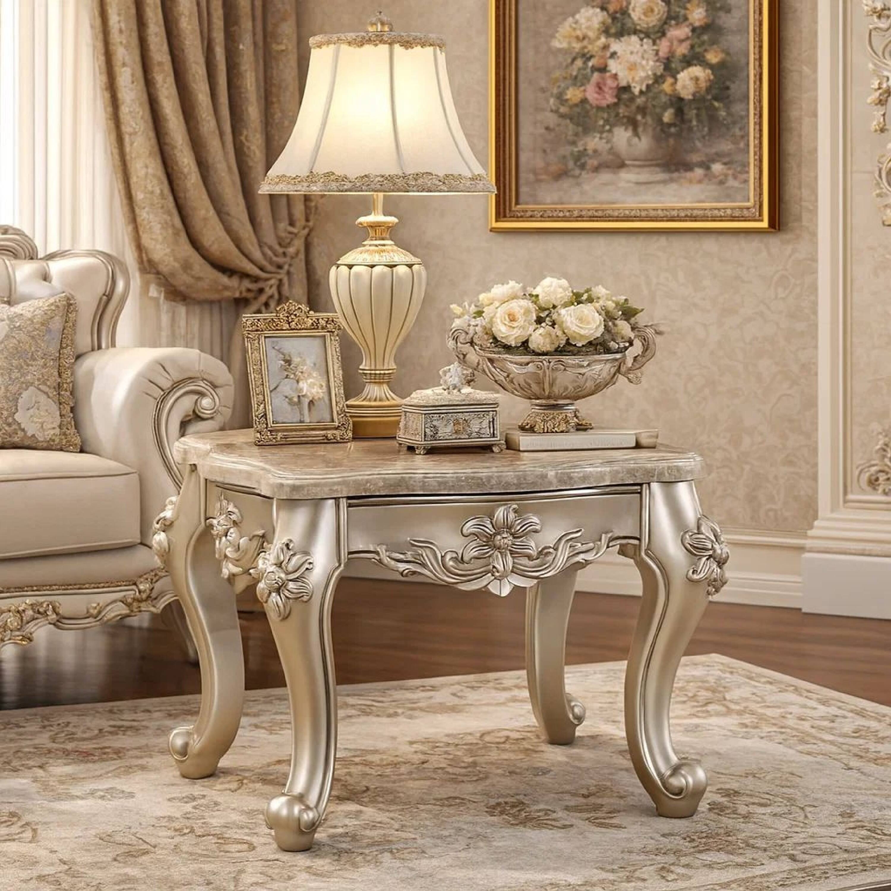 Alt View 7. Manhattan Lane - Marble Top End Table With Flower Motif Engraved Angular Wood Feet - Silver.