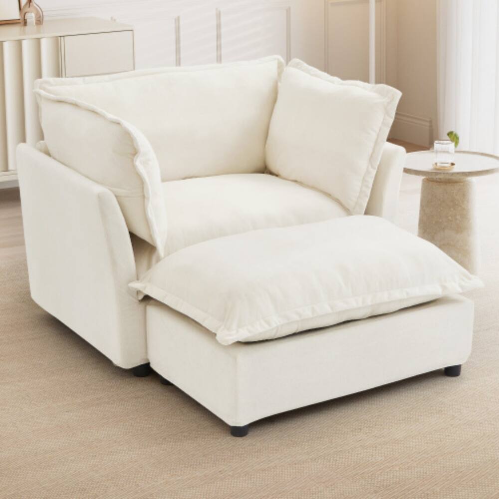 Alt View 2. LUCKY ONE - 45.2" Modern Armchair Sofa w/ Movable Ottoman Wide Seat Curved Armrests & Pillows - Beige.